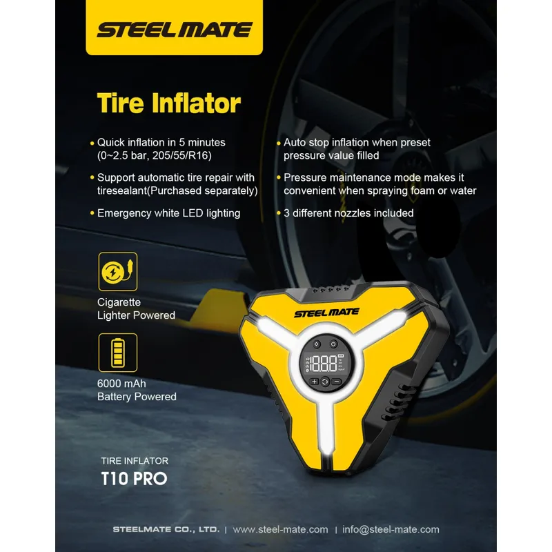 ⁦Steelmate T10 Pro منفاخ هواء لاسلكي ديجيتال 6 بار - أصفر⁩ - الصورة ⁦6⁩