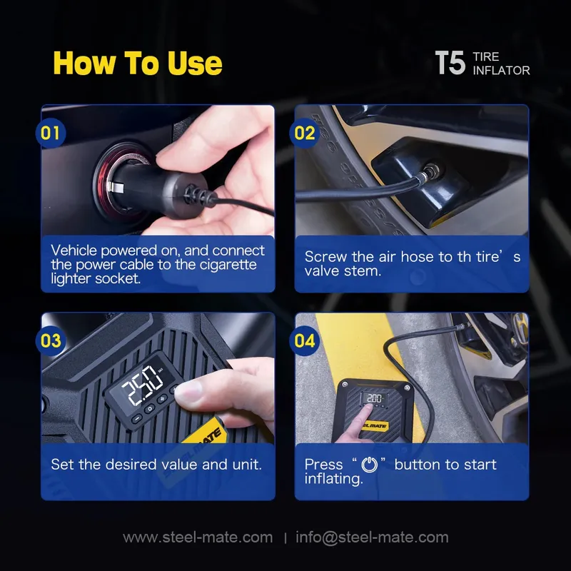 ⁦Steelmate T5 كمبروسر ديجيتال لنفخ إطارات السيارات 6 بار - أسود⁩ - الصورة ⁦6⁩